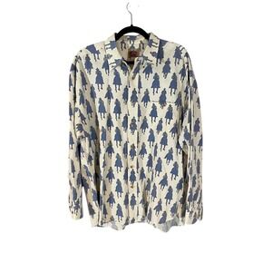 Barn Fly Mens Cowboy Print Button Down Shirt Blue Cream Cotton USA Made Large